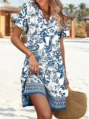 Women's Printed V Neck Short Sleeve Mini Dress With Pockets