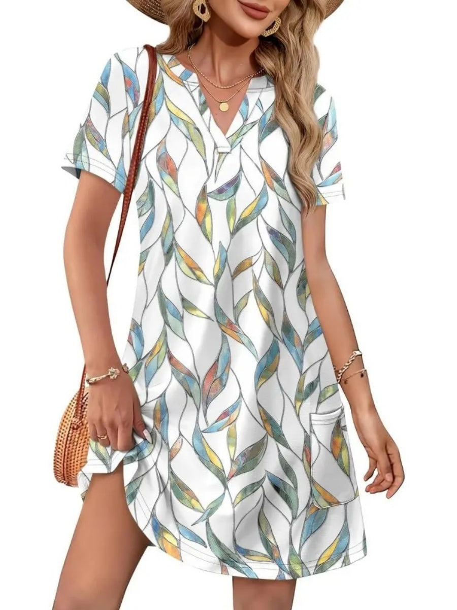 Women's Printed V Neck Short Sleeve Mini Dress With Pockets