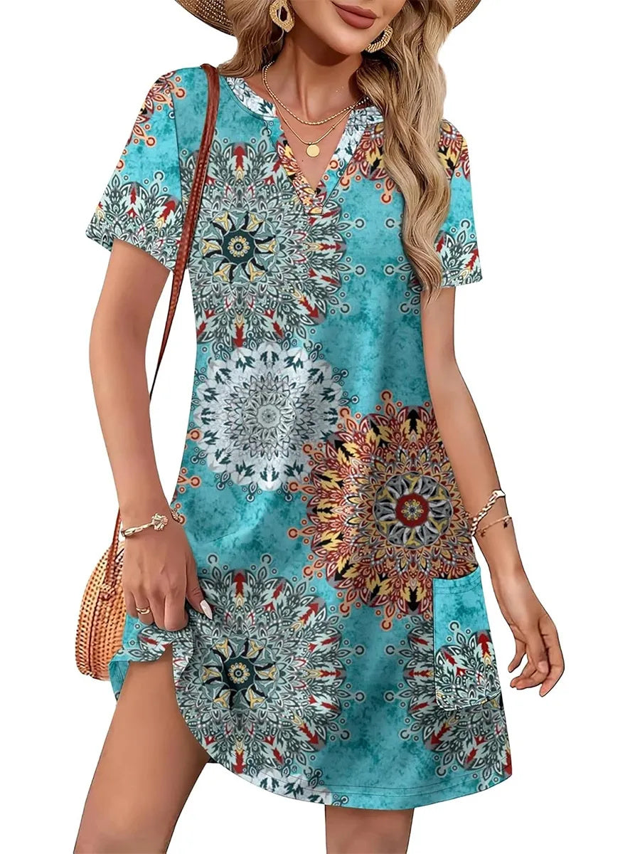 Women's Printed V Neck Short Sleeve Mini Dress With Pockets