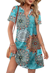 Women's Printed V Neck Short Sleeve Mini Dress With Pockets