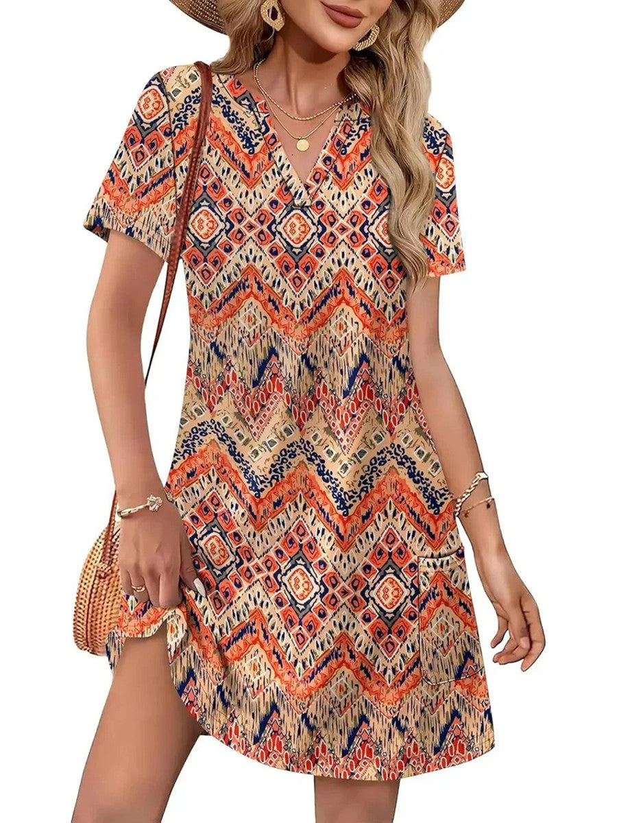 Women's Printed V Neck Short Sleeve Mini Dress With Pockets