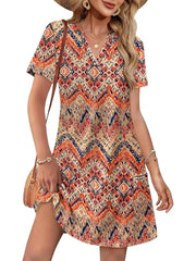 Women's Printed V Neck Short Sleeve Mini Dress With Pockets