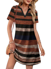 Women's Printed V Neck Short Sleeve Mini Dress With Pockets