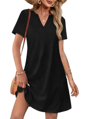 Women's Printed V Neck Short Sleeve Mini Dress With Pockets