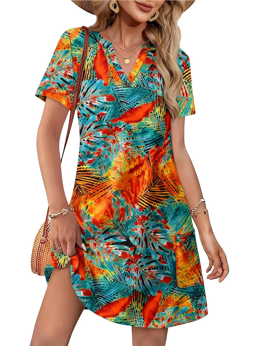 Women's Printed V Neck Short Sleeve Mini Dress With Pockets