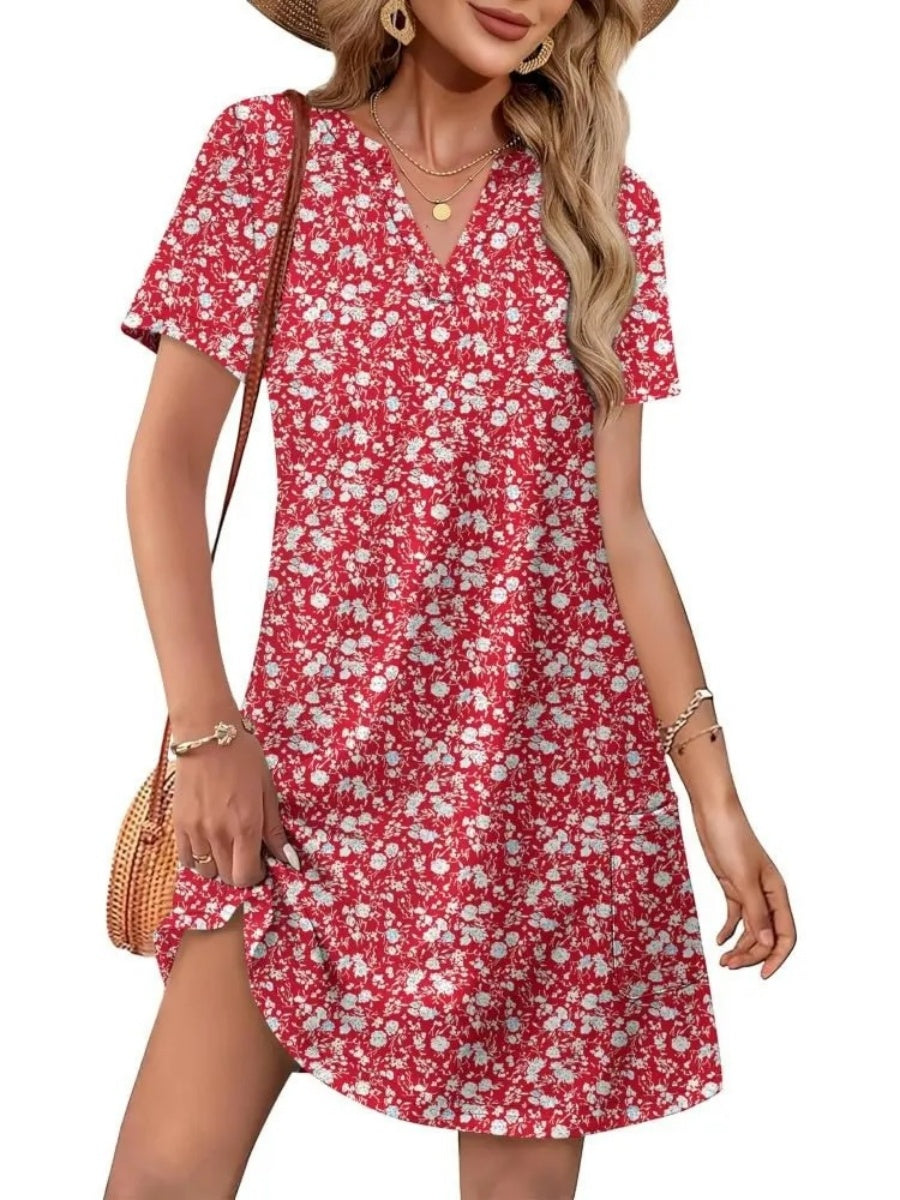 Women's Printed V Neck Short Sleeve Mini Dress With Pockets