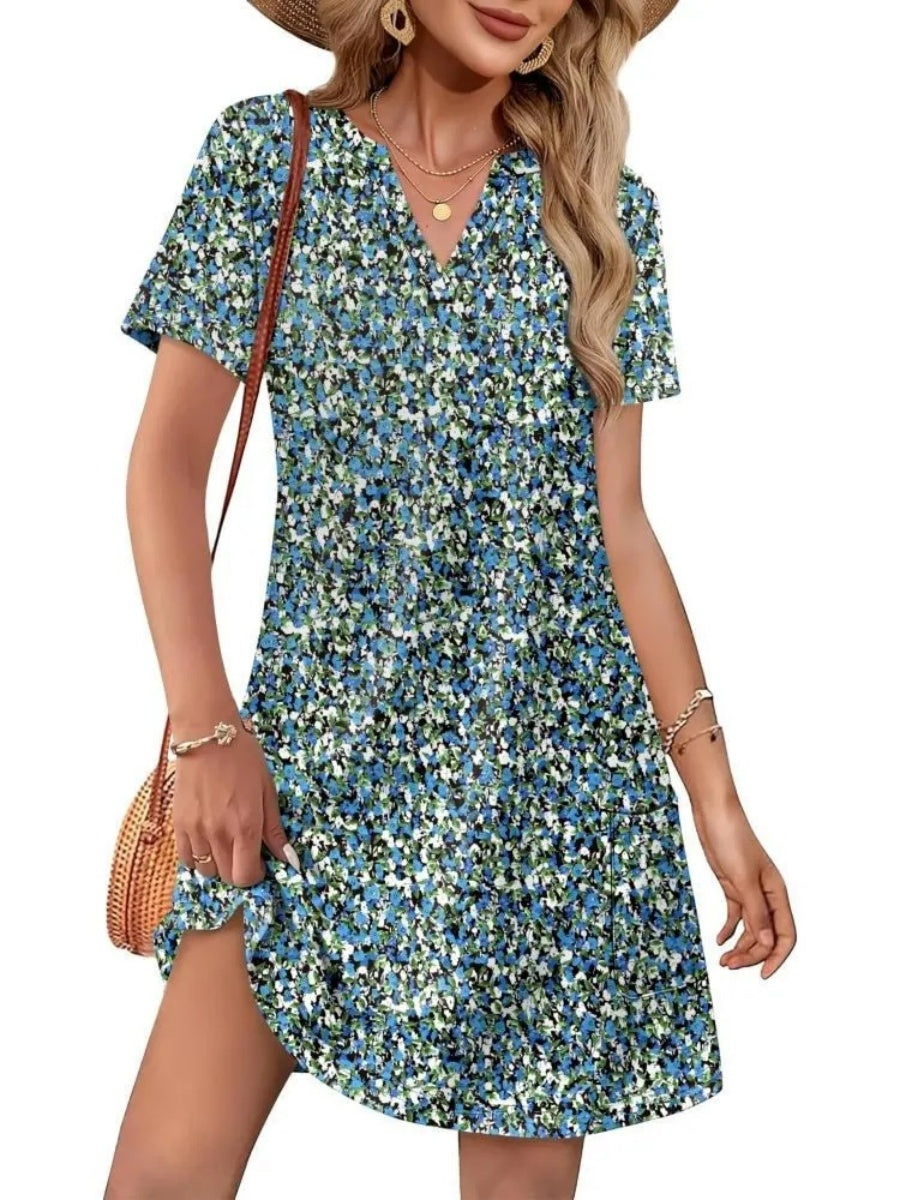 Women's Printed V Neck Short Sleeve Mini Dress With Pockets