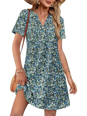 Women's Printed V Neck Short Sleeve Mini Dress With Pockets