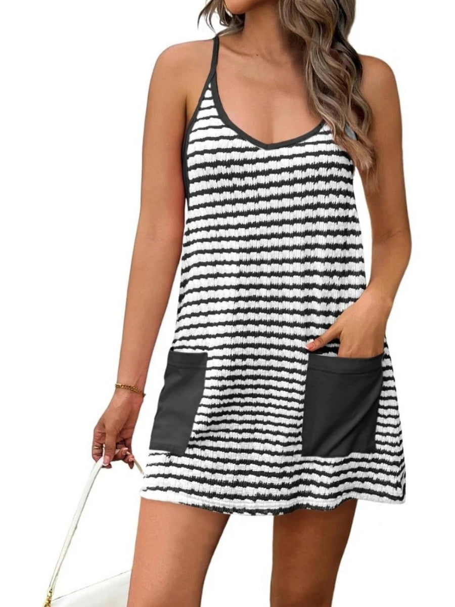 Women's Striped Spaghetti Strap Dress with Built-in Shorts
