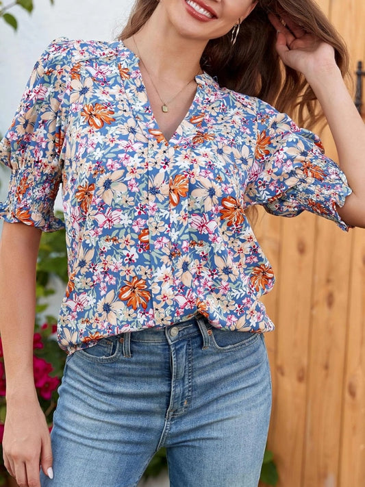 Women's Floral V-Neck Puff Sleeve Blouse