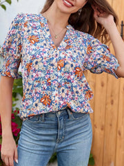 Women's Floral V-Neck Puff Sleeve Blouse