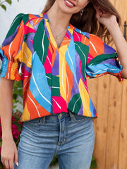 Women's Floral V-Neck Puff Sleeve Blouse