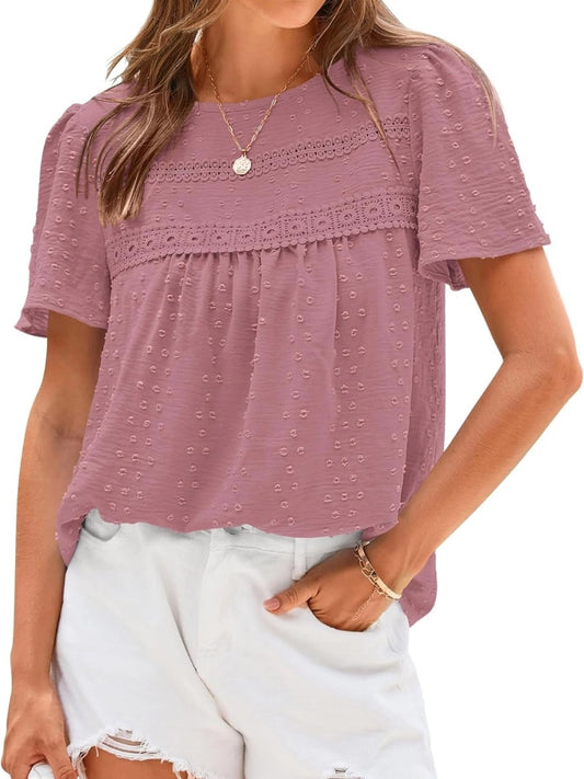Women's Swiss Dot Lace Crochet Crewneck Boho Short Sleeves Blouse