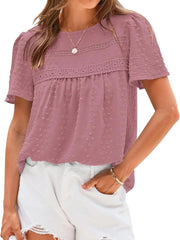 Women's Swiss Dot Lace Crochet Crewneck Boho Short Sleeves Blouse