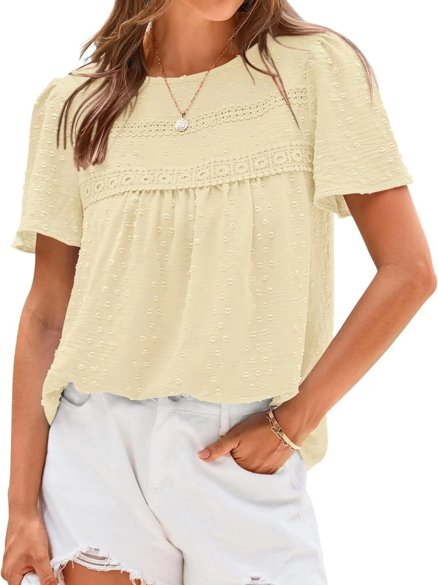 Women's Swiss Dot Lace Crochet Crewneck Boho Short Sleeves Blouse