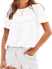 Women's Swiss Dot Lace Crochet Crewneck Boho Short Sleeves Blouse