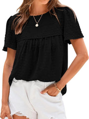 Women's Swiss Dot Lace Crochet Crewneck Boho Short Sleeves Blouse