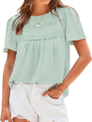 Women's Swiss Dot Lace Crochet Crewneck Boho Short Sleeves Blouse