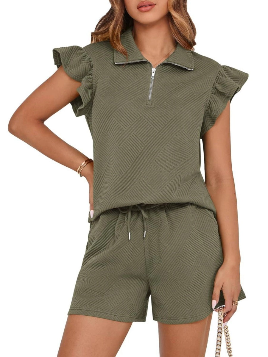 Women's Zipper V Neck Casual Ruffle Short Sleeve Tops and Drawstring Shorts 2 Piece Outfits
