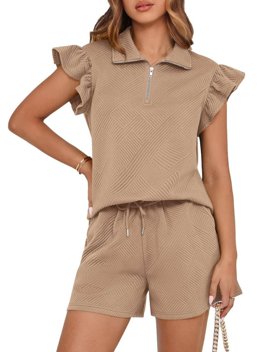 Women's Zipper V Neck Casual Ruffle Short Sleeve Tops and Drawstring Shorts 2 Piece Outfits