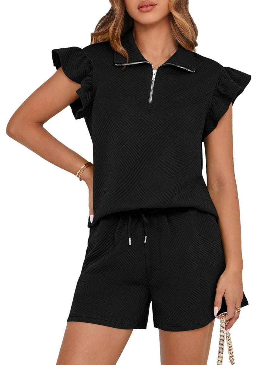 Women's Zipper V Neck Casual Ruffle Short Sleeve Tops and Drawstring Shorts 2 Piece Outfits