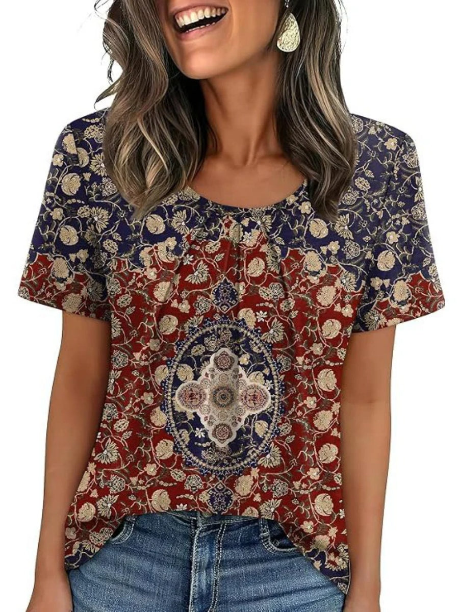 Women's Summer Pleated Neck Short Sleeve Loose Casual Blouse