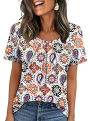 Women's Summer Pleated Neck Short Sleeve Loose Casual Blouse