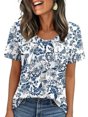 Women's Summer Pleated Neck Short Sleeve Loose Casual Blouse