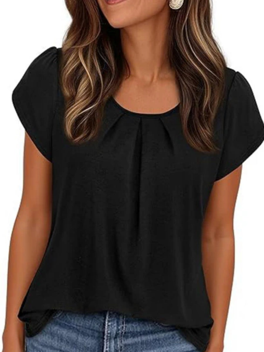 Women's Summer Pleated Neck Short Sleeve Loose Casual Blouse