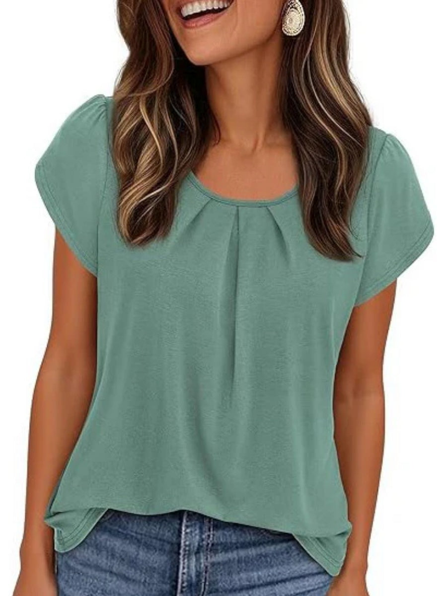 Women's Summer Pleated Neck Short Sleeve Loose Casual Blouse