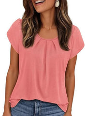 Women's Summer Pleated Neck Short Sleeve Loose Casual Blouse