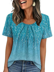 Women's Summer Pleated Neck Short Sleeve Loose Casual Blouse