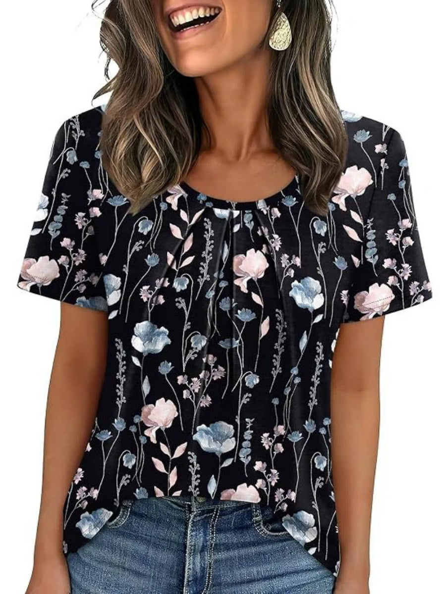 Women's Summer Pleated Neck Short Sleeve Loose Casual Blouse