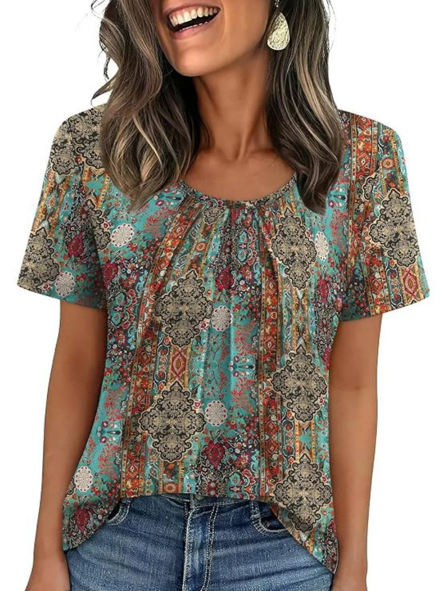 Women's Summer Pleated Neck Short Sleeve Loose Casual Blouse