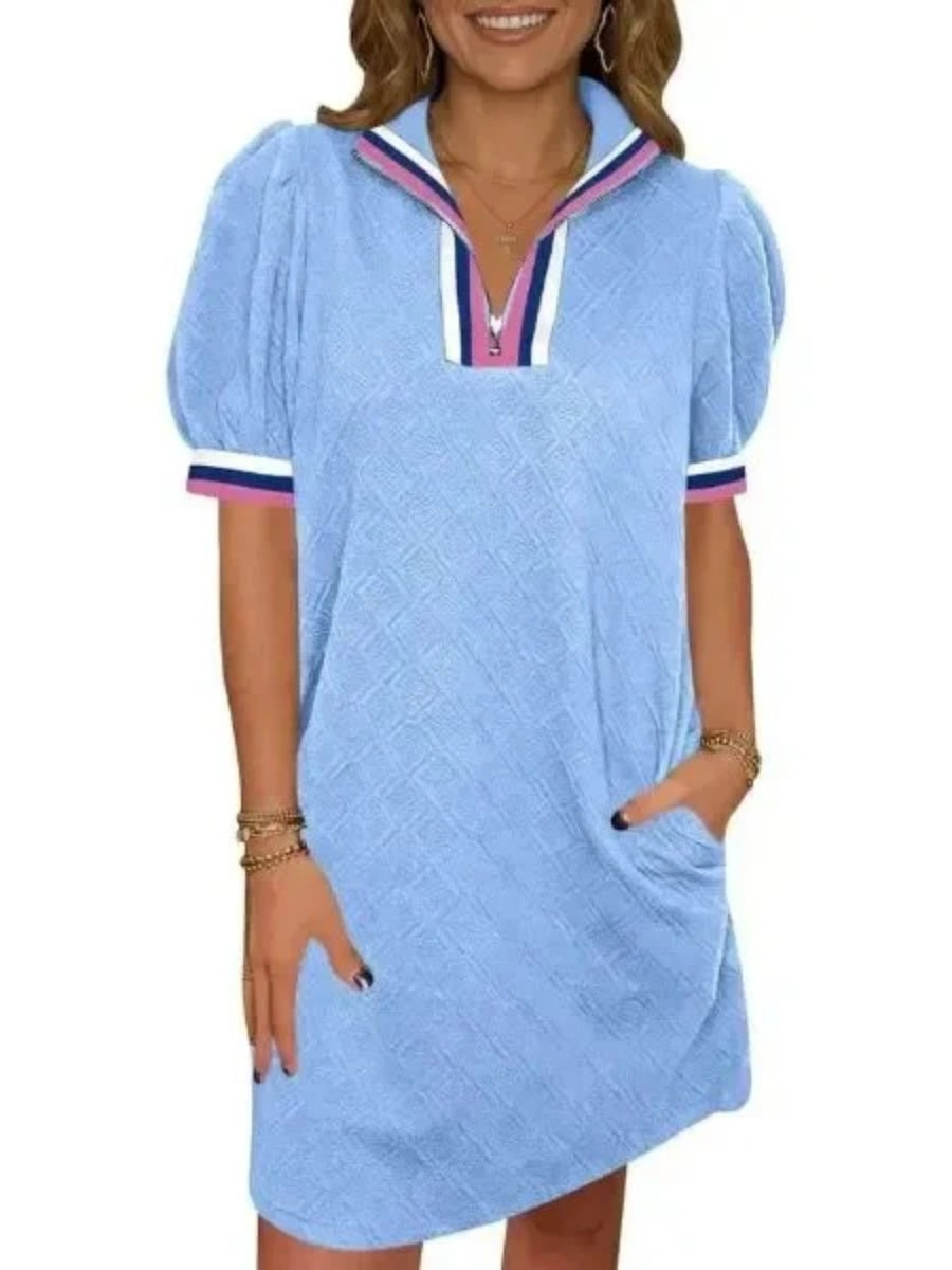 Women's Textured Quilted Puff Sleeve Zip Polo Shift Dress