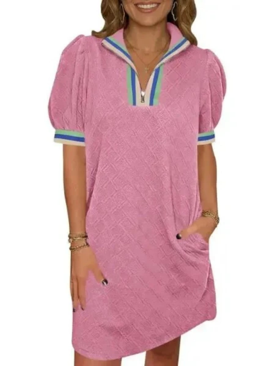 Women's Textured Quilted Puff Sleeve Zip Polo Shift Dress