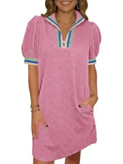 Women's Textured Quilted Puff Sleeve Zip Polo Shift Dress