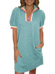 Women's Textured Quilted Puff Sleeve Zip Polo Shift Dress