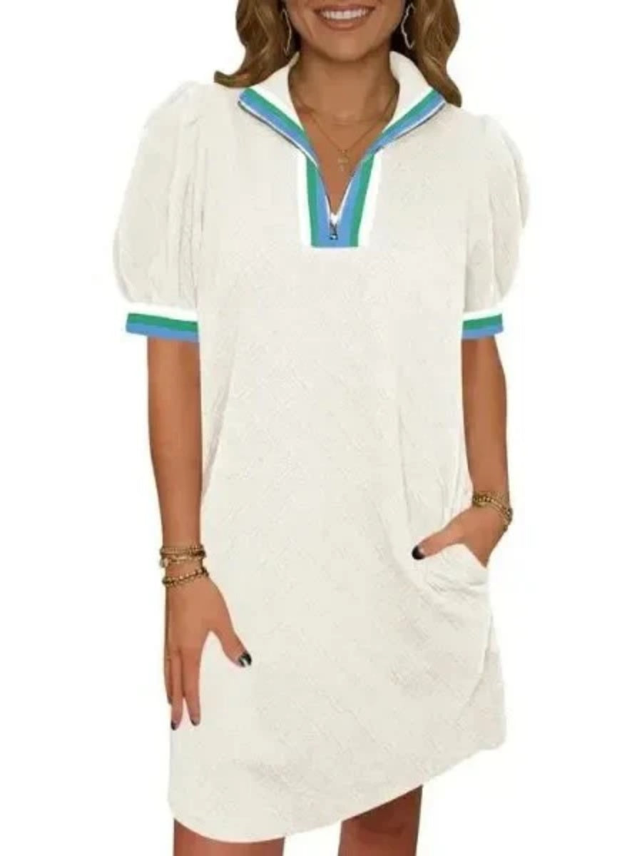 Women's Textured Quilted Puff Sleeve Zip Polo Shift Dress