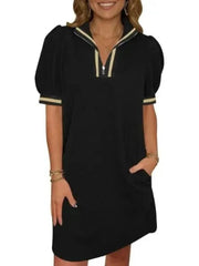 Women's Textured Quilted Puff Sleeve Zip Polo Shift Dress