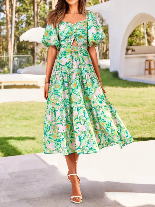 Women's Square Neck Puff Sleeve Cutout Front Tiered Floral Midi Dress
