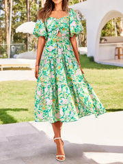 Women's Square Neck Puff Sleeve Cutout Front Tiered Floral Midi Dress