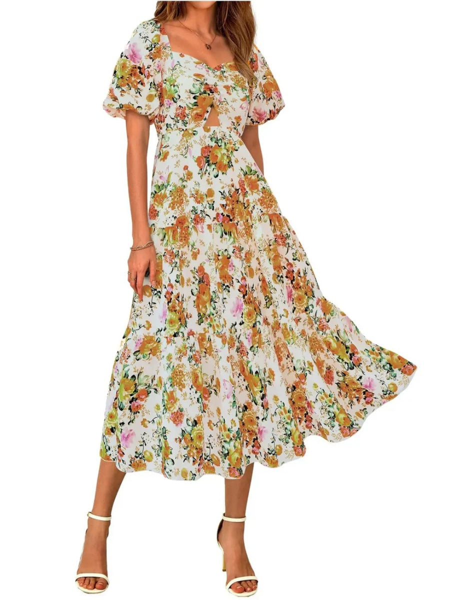 Women's Square Neck Puff Sleeve Cutout Front Tiered Floral Midi Dress