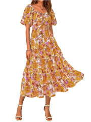 Women's Square Neck Puff Sleeve Cutout Front Tiered Floral Midi Dress