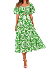 Women's Square Neck Puff Sleeve Cutout Front Tiered Floral Midi Dress