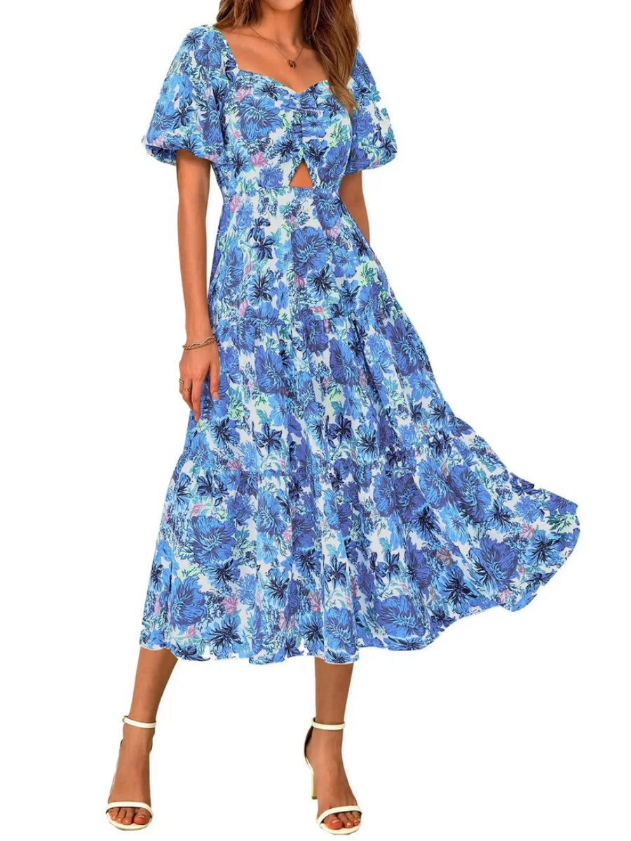 Women's Square Neck Puff Sleeve Cutout Front Tiered Floral Midi Dress