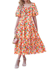 Women's Square Neck Puff Sleeve Cutout Front Tiered Floral Midi Dress