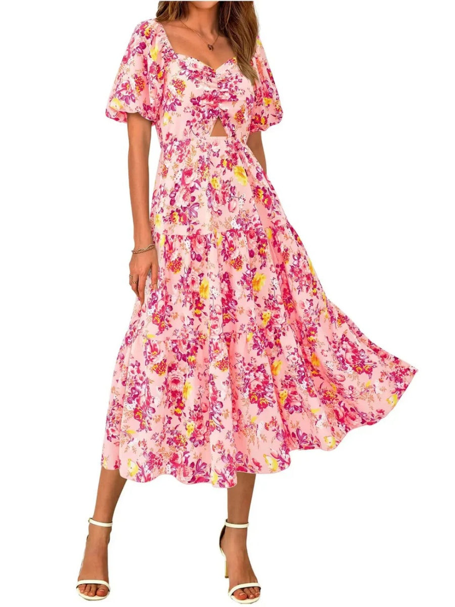 Women's Square Neck Puff Sleeve Cutout Front Tiered Floral Midi Dress