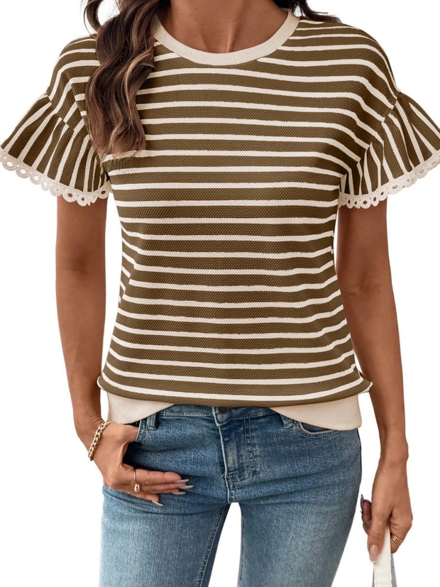 Women's Knit Striped Color Block Ruffled Short Sleeve Top