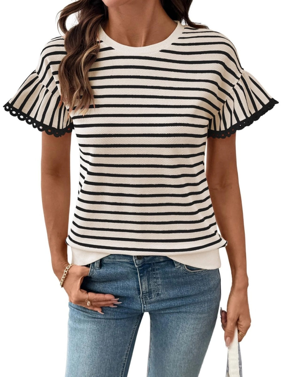 Women's Knit Striped Color Block Ruffled Short Sleeve Top